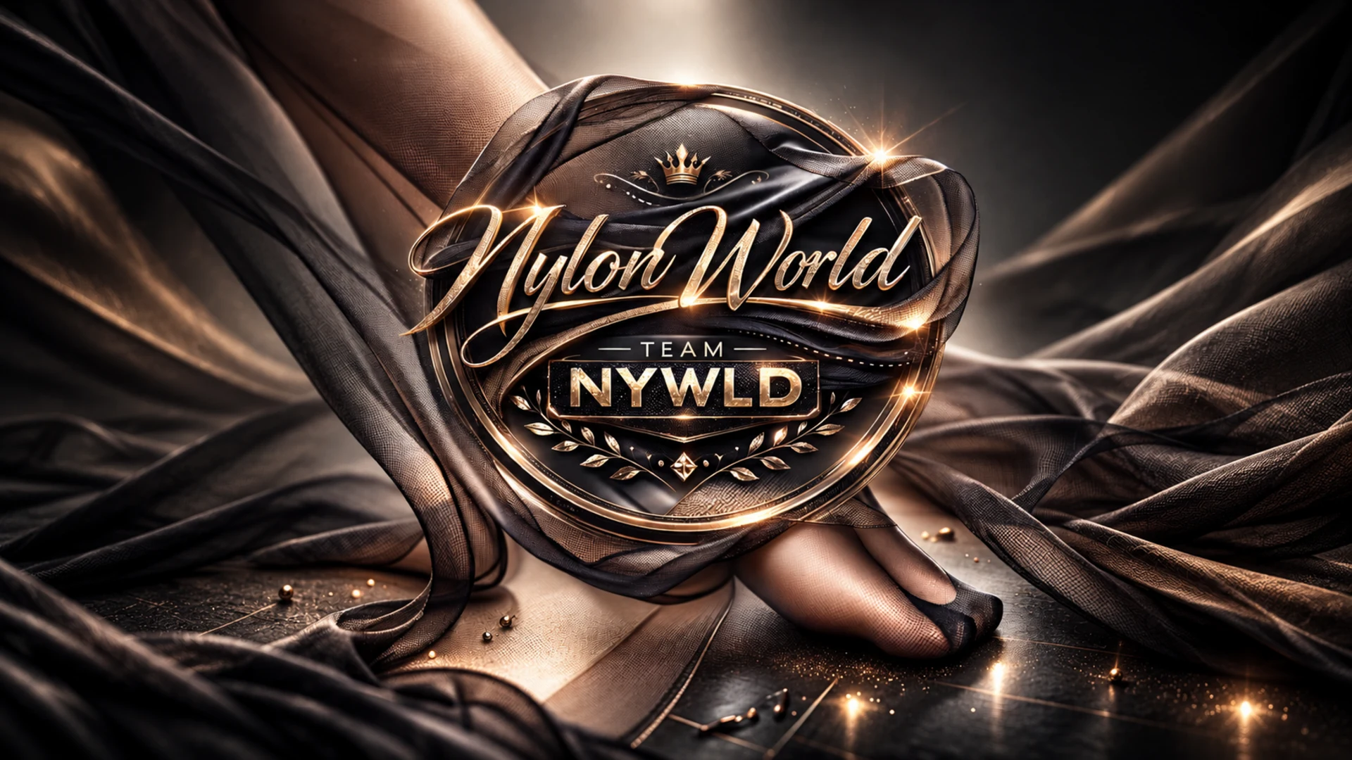 Goldenes NylonWorld und Team NYWLD Emblem auf dunklem, fließendem Stoff
